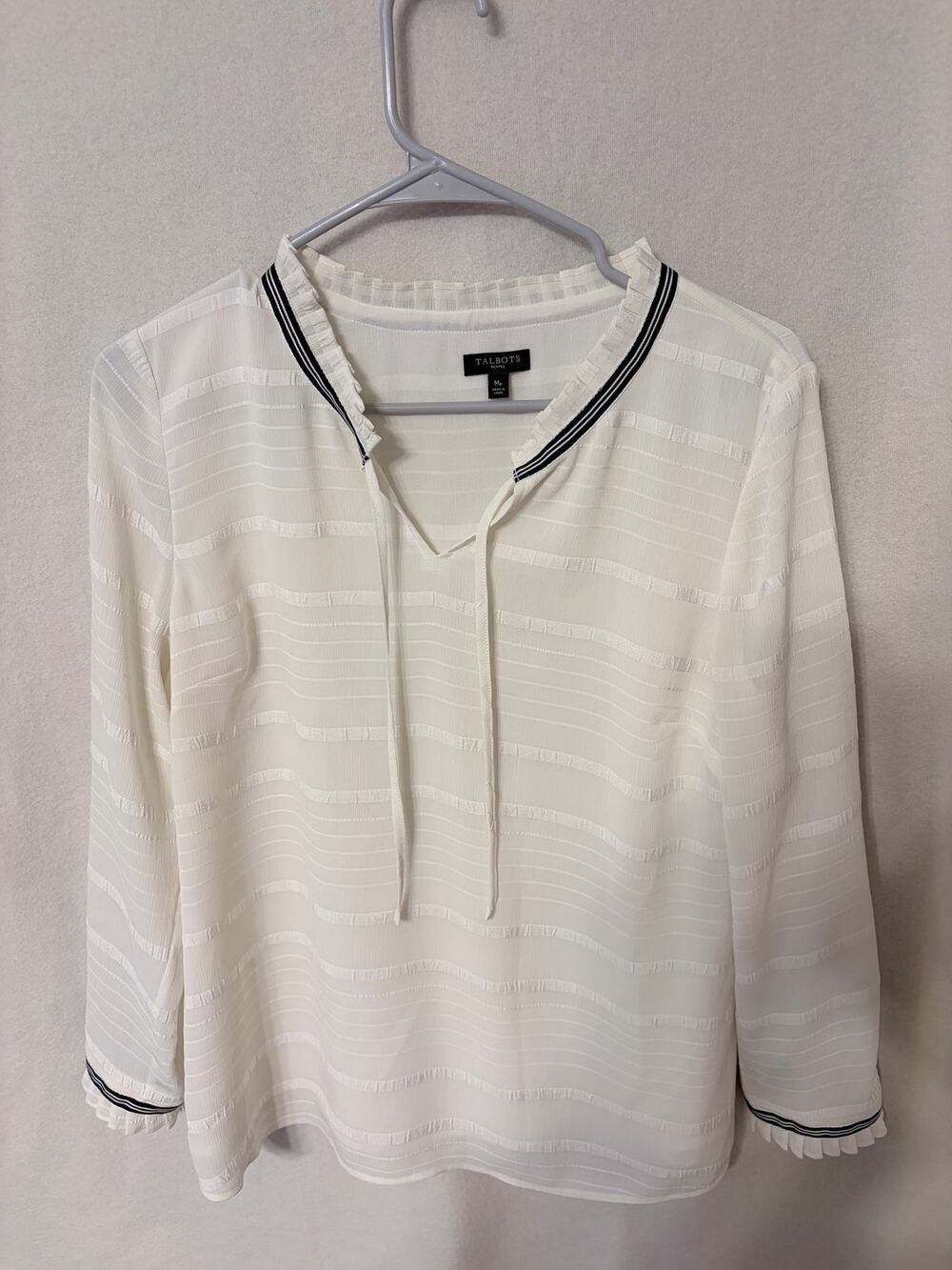 Talbots White Sheer Stripe Chiffon Blouse Ribbon Trim
